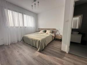 拉纳卡Cozy 3 Bedroom Apartment 300M from the SEA的一间卧室设有一张床和一个大窗户