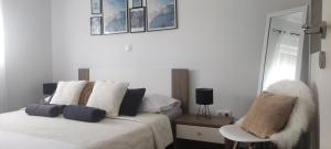 特罗吉尔Tomena apartments的一间卧室配有一张带镜子和椅子的床