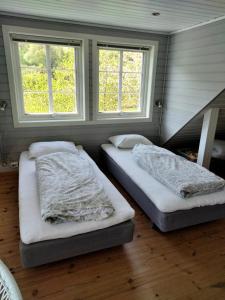 灵达尔Anneks i naturskjønne Gitlevåg的带2扇窗户的客房内的2张床