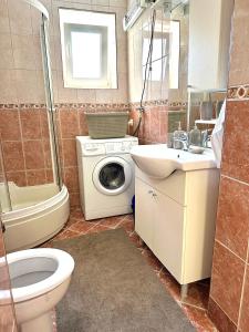 拉克塔希Apartman Lara Laktasi的浴室配有卫生间水槽和洗衣机。