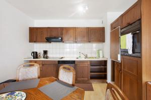 莱茵河畔威尔Stadtappartement Sievers的厨房配有木制橱柜和桌椅