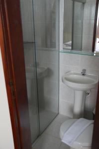 福塔莱萨Hotel Netuno Beach的带淋浴、卫生间和盥洗盆的浴室