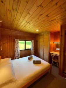 Lanteglos3 Bedroom Lodge Lanteglos 7的木制客房内的一间卧室,配有一张床