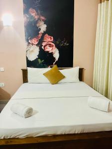 卡图纳耶克Airport City Hotel的一张带两个枕头的床和墙上的绘画