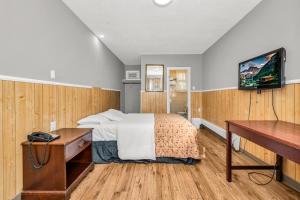 多伦多公园汽车旅馆的一间卧室配有一张床、一张书桌和一台电视