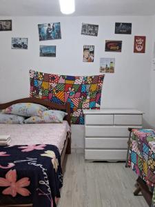累西腓Hostel & Pousada UFPE INN的一间卧室配有一张床和一个梳妆台,墙上挂有图片