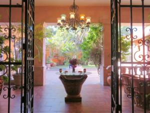 瓜达拉哈拉Casa Rosa Amelia的通向种植了大植物的庭院的门