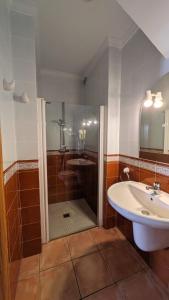 阿尔卡拉利Casa Rosa的带淋浴、盥洗盆和浴缸的浴室