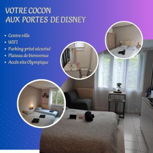 拉尼Lagny Cocon Evasion Cosy en ville的一张带床的房间的照片拼合在一起