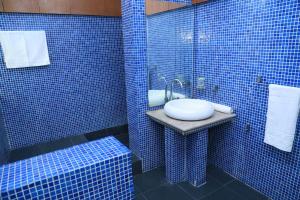 拉合尔Hotel palm east lahore的蓝色瓷砖浴室设有水槽和淋浴
