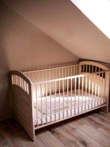 TagyonPipacs Apartman的阁楼间配有一张婴儿床,设有屋顶