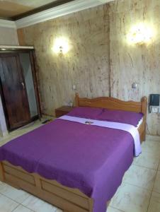DschangCONSTELLATION HOTEL的一间卧室配有一张带紫色床罩的床