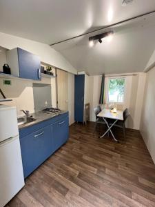BoofzheimTiny House avec terrasse的厨房配有蓝色橱柜和桌子