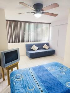 瓜达拉哈拉Esquina del Pintor的客厅配有蓝色的沙发和电视