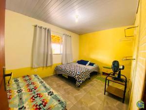 帕罗卡Pousada Inn Nature的卧室拥有黄色的墙壁,设有一张床和窗户。