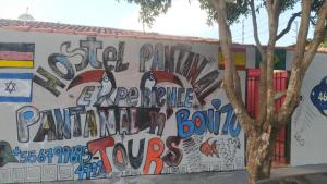 大坎普Hostel Pantanal Experience - Pantanal n' Bonito Tours的建筑物一侧的墙上涂鸦