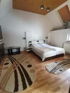 瑟切莱Casa Sara的一间卧室配有一张大床和地毯。