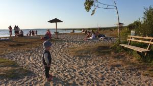 斯维季亚济Садиба For Rest的和别人一起站在海滩上的男孩