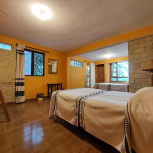 Huautla de JiménezCasa Cejota的一间卧室设有两张床和两个窗户。