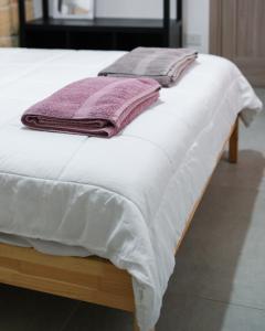 科佩尔蒂诺Beb la casa di tino的一张带白色床单和紫色枕头的床