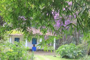 欧鲁普雷图Chalé na floresta com varanda的白色的房子,有蓝色的门和紫色的树木