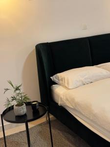 利马索尔Pirella House的一间卧室配有一张床和一张植物桌子