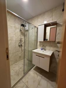 萨姆松Ayvacık Hotel Restaurant的带淋浴和盥洗盆的浴室