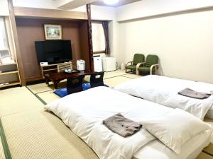 札幌Hotel Tokeidai的酒店客房设有两张床和一台平面电视。