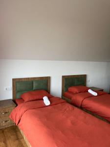 乌罗舍瓦茨Villa Ozoni 2 - Jezerc的卧室内的两张床,配有红色床单