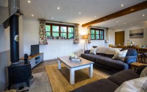 利德尼Oak Tree Cottage的带沙发和炉灶的客厅