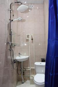 第比利斯Relax Inn Tbilisi的带淋浴、卫生间和盥洗盆的浴室