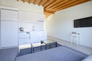切什梅AEGEAN Apartments - Marina & Chios Island View的带沙发和桌子的客厅以及厨房。