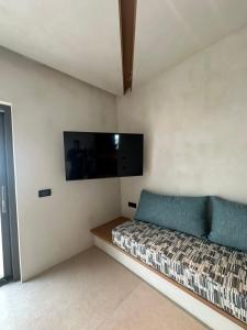 埃尔莫波利斯Syros Soul Private Pool Suites的一间带沙发和平面电视的卧室