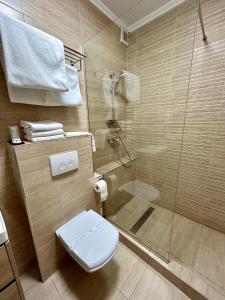 罗曼Hotel Bliss的带淋浴、卫生间和玻璃淋浴间的浴室