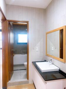 台南Triple One Entire Home 慶東111私人招待所 包棟民宿的一间带水槽、卫生间和镜子的浴室