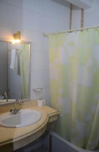 亚历山大New Siesta Hotel & Resort的一间带水槽和淋浴帘的浴室