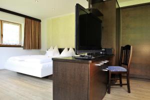 利恩茨莫斯阿尔姆家庭旅馆的配有一张床和一台平面电视的酒店客房