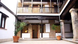 格拉纳达Apartamentos Inside Casa de la Alberca的一座拥有两株盆栽植物的阳台的建筑