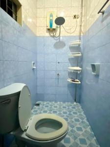 碧瑶Baguio mountain villa view LW的蓝色的浴室设有卫生间和淋浴。