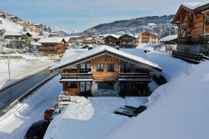 莱热Chalet Virolet的小木屋,屋顶上积雪