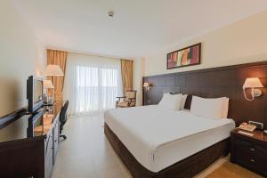 安塔利亚安塔利亚皇冠假日酒店的酒店客房设有一张大床和一台电视。