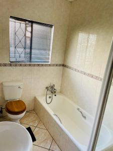 博克斯堡Celtis Lane Guest House的带浴缸、卫生间和盥洗盆的浴室