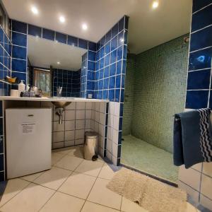屈屈龙les 3 saisons的蓝色瓷砖浴室配有淋浴和盥洗盆