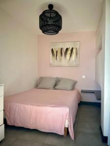 戛纳[Vue Mer] Beau 2pièces, proche plage, centre-ville的一间卧室配有一张带粉色床单的床,墙上有两张照片