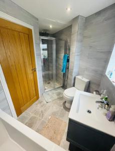 切森特Whiteclouds的浴室配有卫生间、盥洗盆和淋浴。