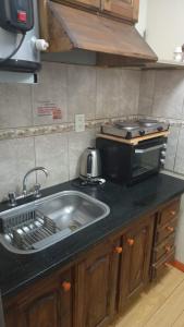 门多萨Departamentos Avenida San Martin的厨房柜台设有水槽和微波炉