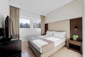 里斯本Lisboa Central Park Hotel Suites & Studios的一间卧室配有一张床和一台平面电视