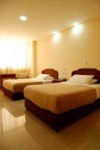 比亚维森西奥Hotel Maria Gloria的酒店客房设有两张床和窗户。