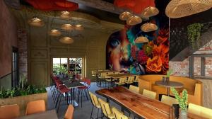 格罗宁根PJs Hostel的餐厅设有桌椅,墙上挂有绘画作品