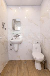 桑丹斯基Family Hotel Ambrozia的白色的浴室设有卫生间和水槽。